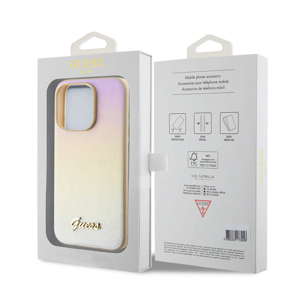 Capa para Apple iPhone 15 Pro, Guess, Saffiano Iridescent Script, Dourada