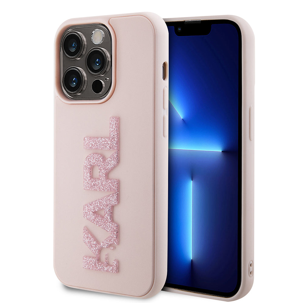 Capa para Apple iPhone 15 Pro, Karl Lagerfeld, Logo Karl em Borracha Glitter 3D, Rosa