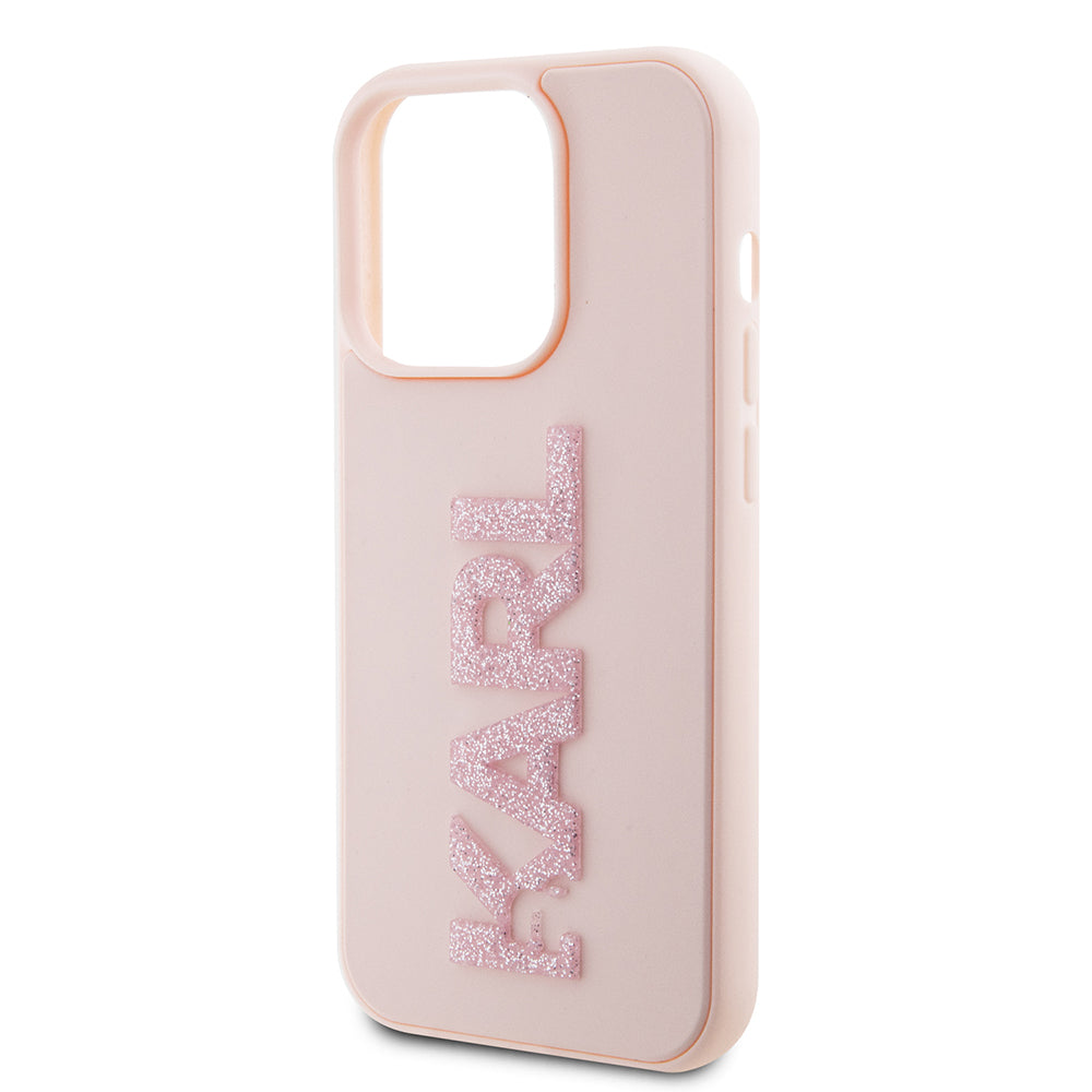 Capa para Apple iPhone 15 Pro, Karl Lagerfeld, Logo Karl em Borracha Glitter 3D, Rosa