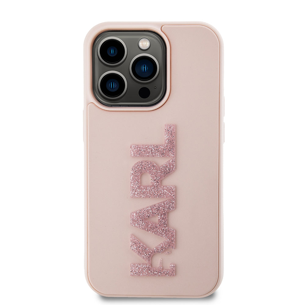 Capa para Apple iPhone 15 Pro, Karl Lagerfeld, Logo Karl em Borracha Glitter 3D, Rosa