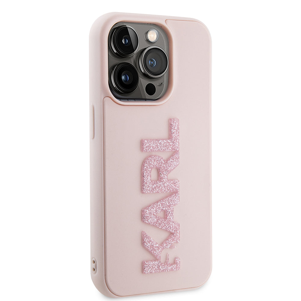 Capa para Apple iPhone 15 Pro, Karl Lagerfeld, Logo Karl em Borracha Glitter 3D, Rosa