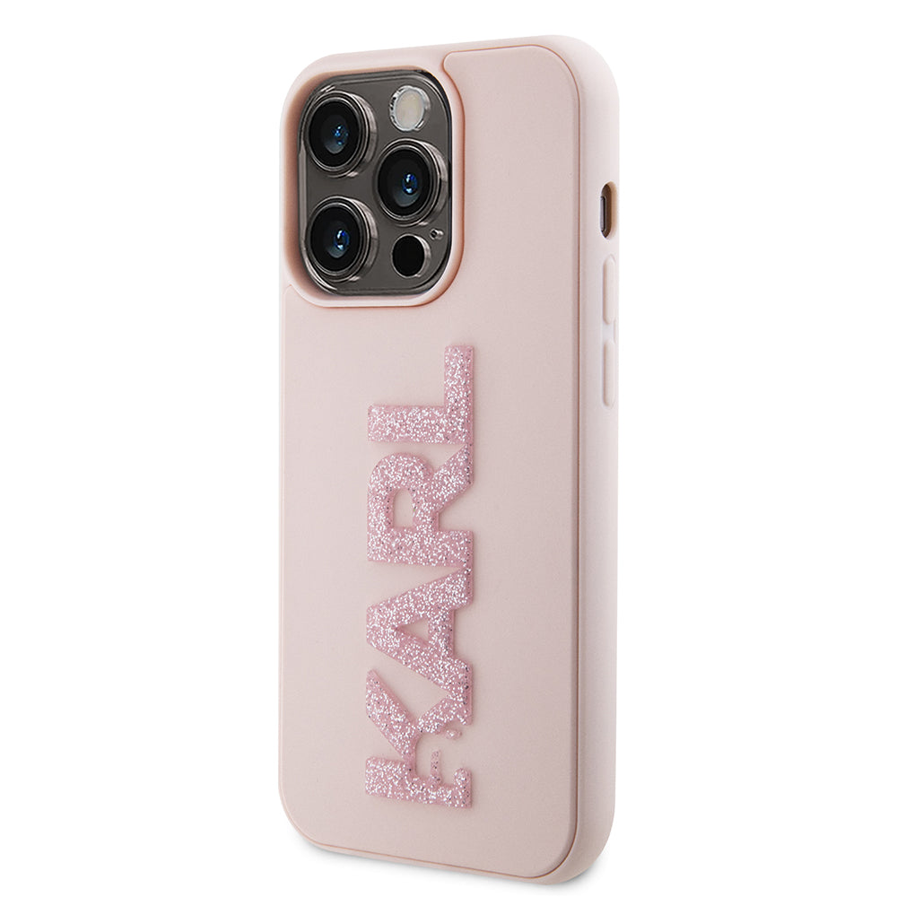 Capa para Apple iPhone 15 Pro, Karl Lagerfeld, Logo Karl em Borracha Glitter 3D, Rosa