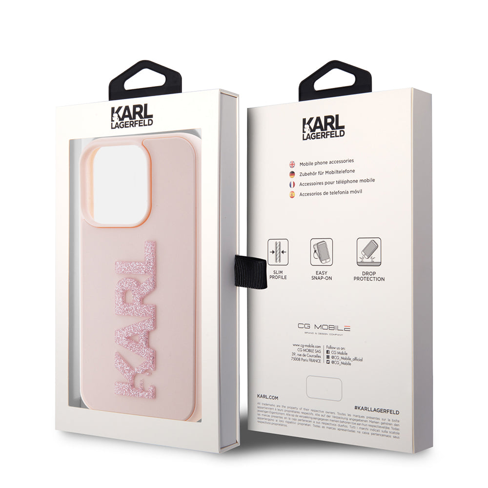 Capa para Apple iPhone 15 Pro, Karl Lagerfeld, Logo Karl em Borracha Glitter 3D, Rosa