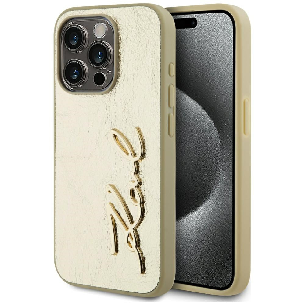 Capa para Apple iPhone 15 Pro, Karl Lagerfeld, Metal Signature, Dourada