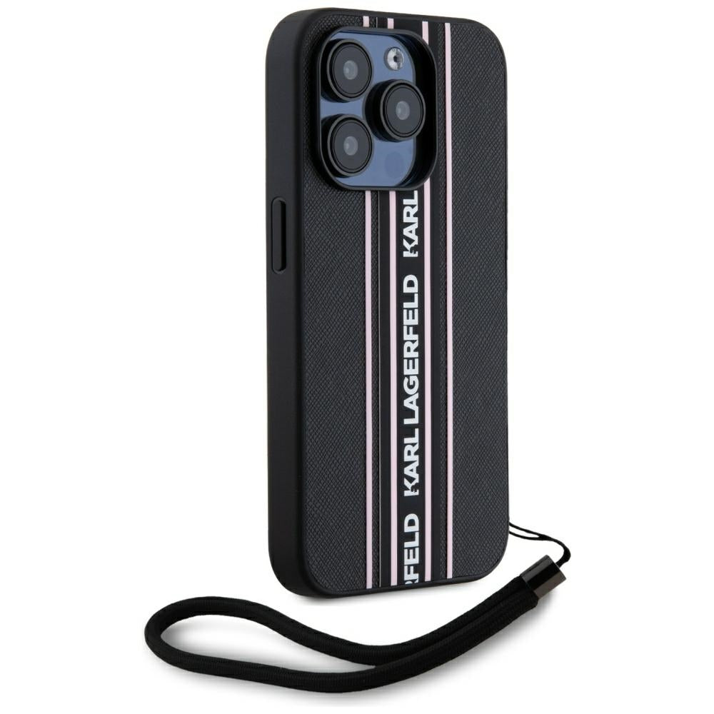 Capa para Apple iPhone 15 Pro, Karl Lagerfeld, Saffiano Athleisure Stripes com Alça, Rosa