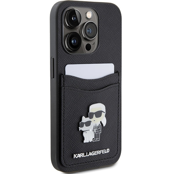 Capa para Apple iPhone 15 Pro, Karl Lagerfeld, Saffiano Card Slot Metal Karl & Choupette, Preta.