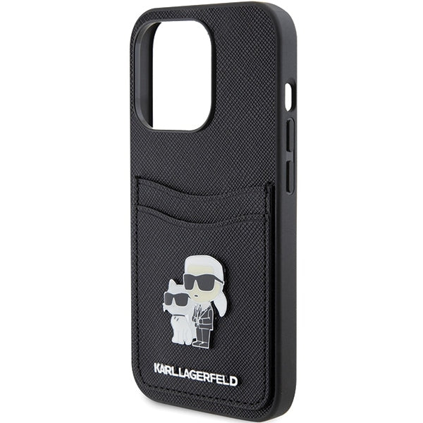Capa para Apple iPhone 15 Pro, Karl Lagerfeld, Saffiano Card Slot Metal Karl & Choupette, Preta.