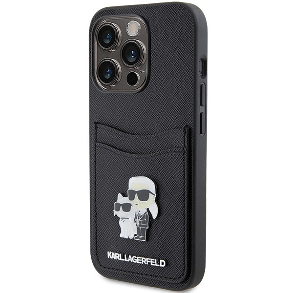 Capa para Apple iPhone 15 Pro, Karl Lagerfeld, Saffiano Card Slot Metal Karl & Choupette, Preta.