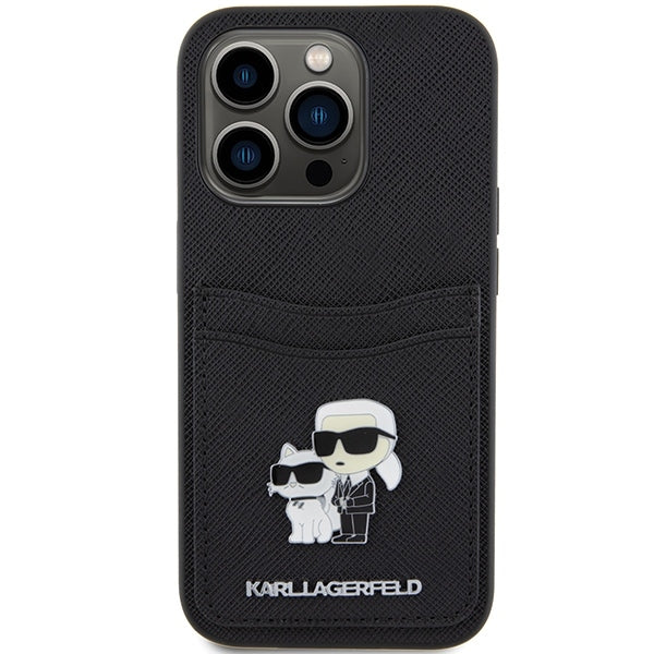 Capa para Apple iPhone 15 Pro, Karl Lagerfeld, Saffiano Card Slot Metal Karl & Choupette, Preta.
