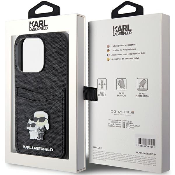 Capa para Apple iPhone 15 Pro, Karl Lagerfeld, Saffiano Card Slot Metal Karl & Choupette, Preta.