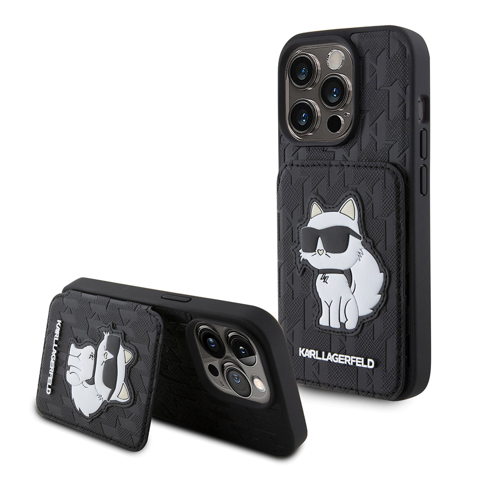 Capa para Apple iPhone 15 Pro, Karl Lagerfeld, Saffiano Cardslots and Stand Monogram Choupette, Preta