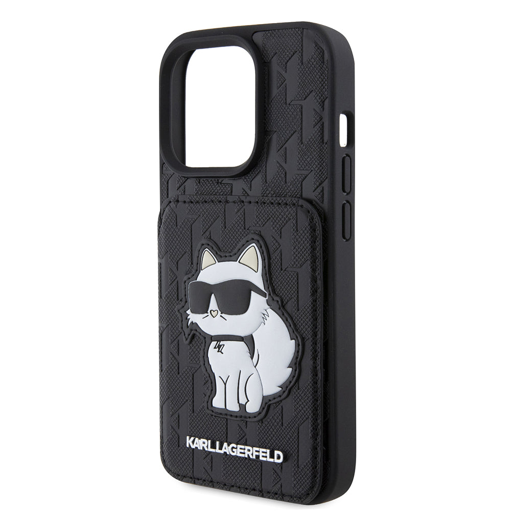 Capa para Apple iPhone 15 Pro, Karl Lagerfeld, Saffiano Cardslots and Stand Monogram Choupette, Preta