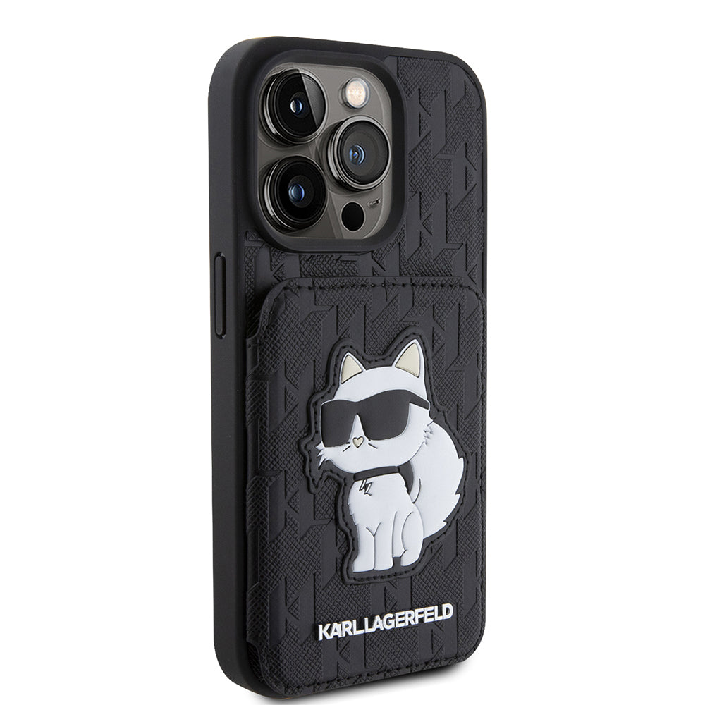 Capa para Apple iPhone 15 Pro, Karl Lagerfeld, Saffiano Cardslots and Stand Monogram Choupette, Preta