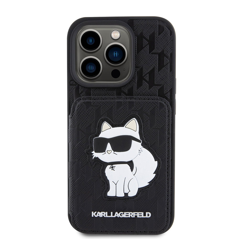 Capa para Apple iPhone 15 Pro, Karl Lagerfeld, Saffiano Cardslots and Stand Monogram Choupette, Preta