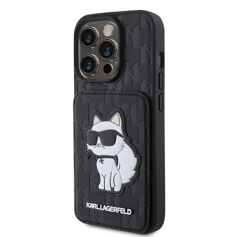 Capa para Apple iPhone 15 Pro, Karl Lagerfeld, Saffiano Cardslots and Stand Monogram Choupette, Preta