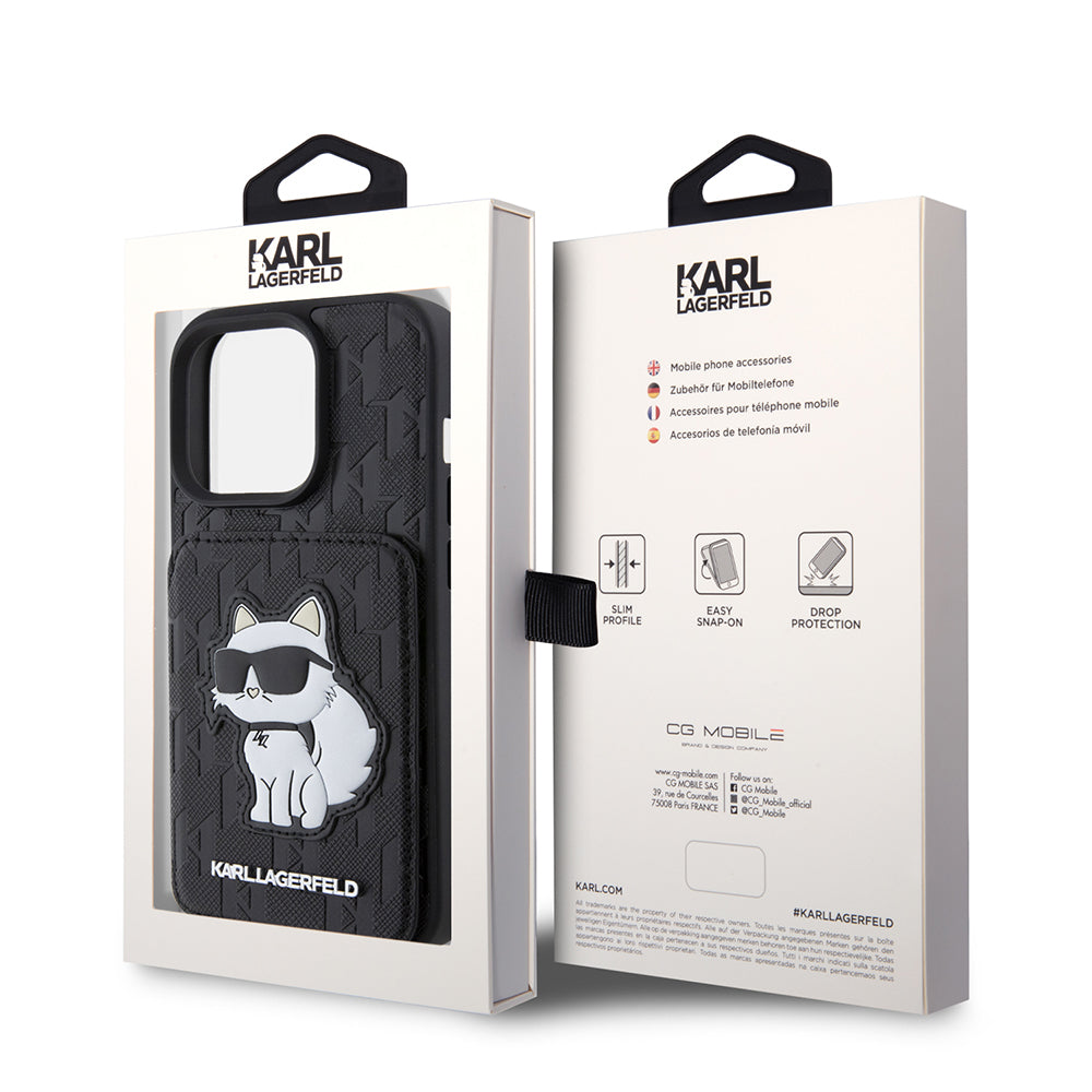 Capa para Apple iPhone 15 Pro, Karl Lagerfeld, Saffiano Cardslots and Stand Monogram Choupette, Preta