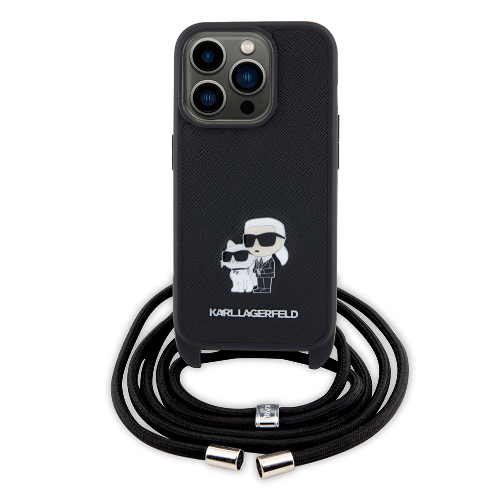 Capa para Apple iPhone 15 Pro, Karl Lagerfeld, Saffiano Crossbody Metal Pin Karl & Choupette, Preta.
