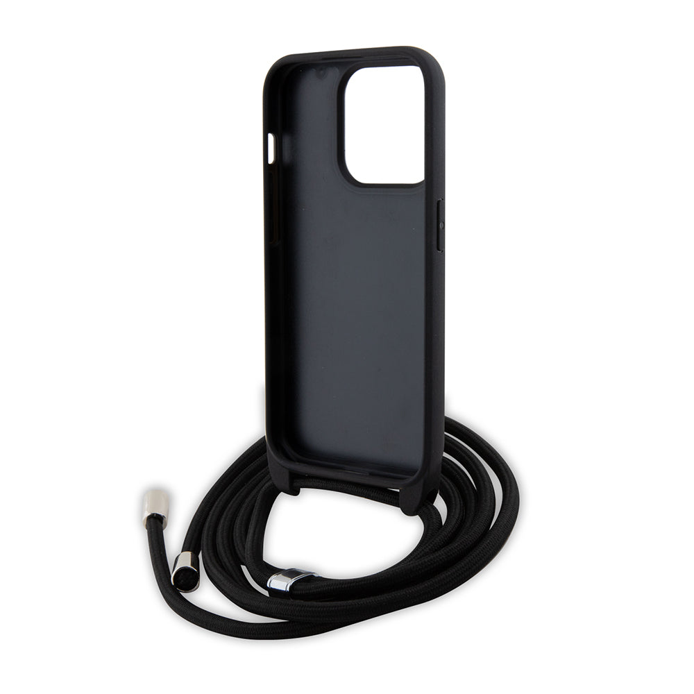 Capa para Apple iPhone 15 Pro, Karl Lagerfeld, Saffiano Crossbody Metal Pin Karl & Choupette, Preta.