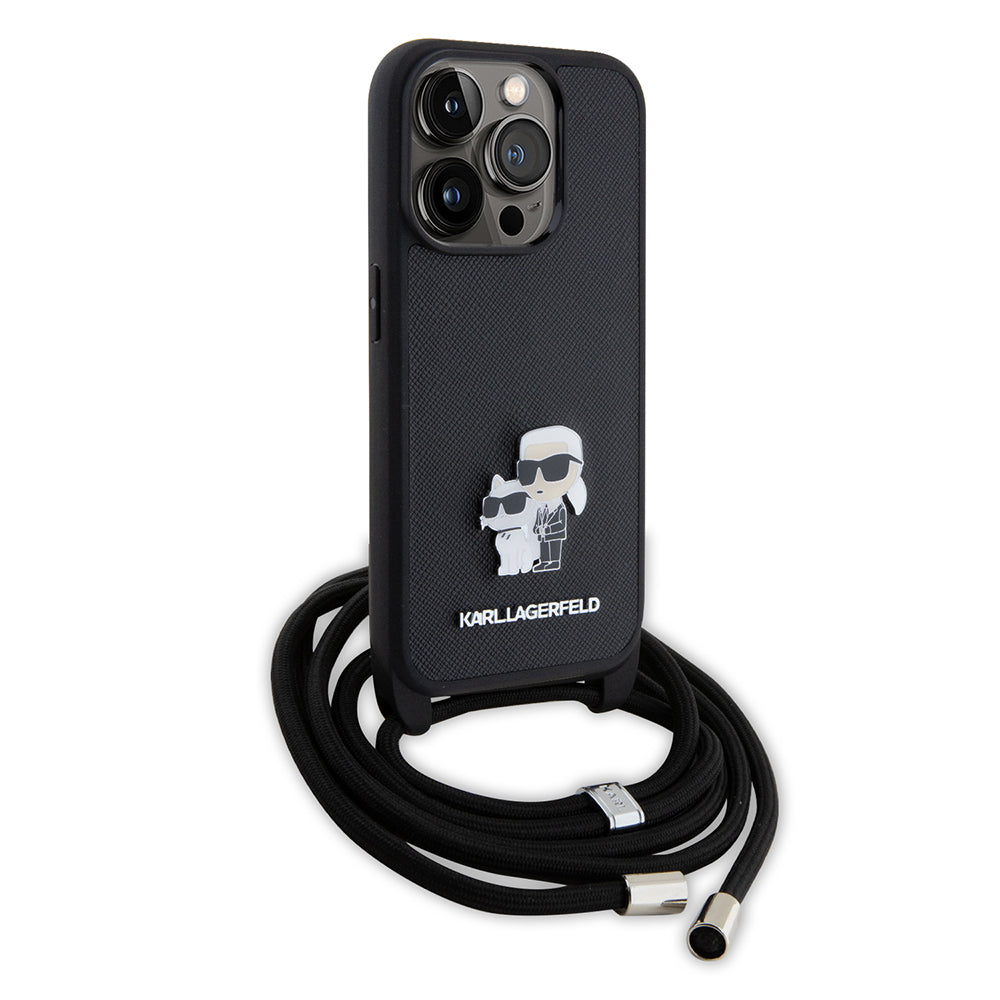 Capa para Apple iPhone 15 Pro, Karl Lagerfeld, Saffiano Crossbody Metal Pin Karl & Choupette, Preta.
