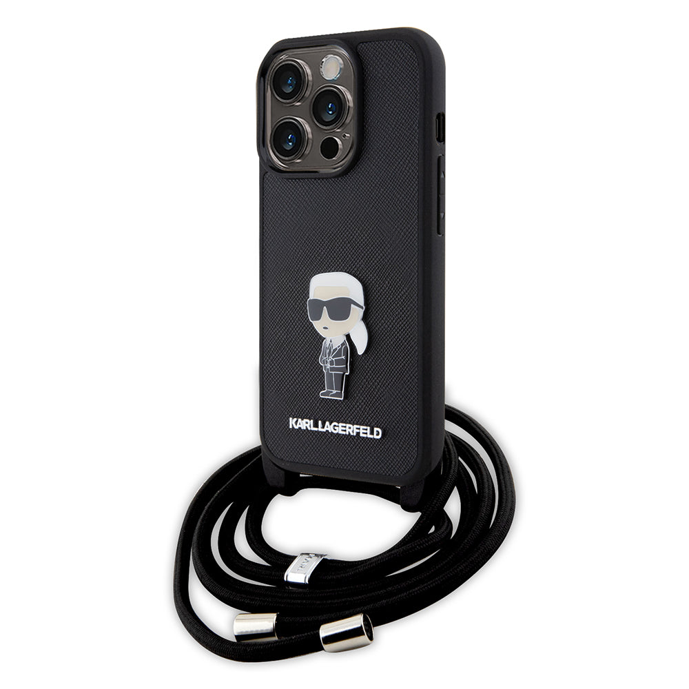 Capa para Apple iPhone 15 Pro, Karl Lagerfeld, Saffiano Crossbody Monogram Metal Pin Karl, Preta