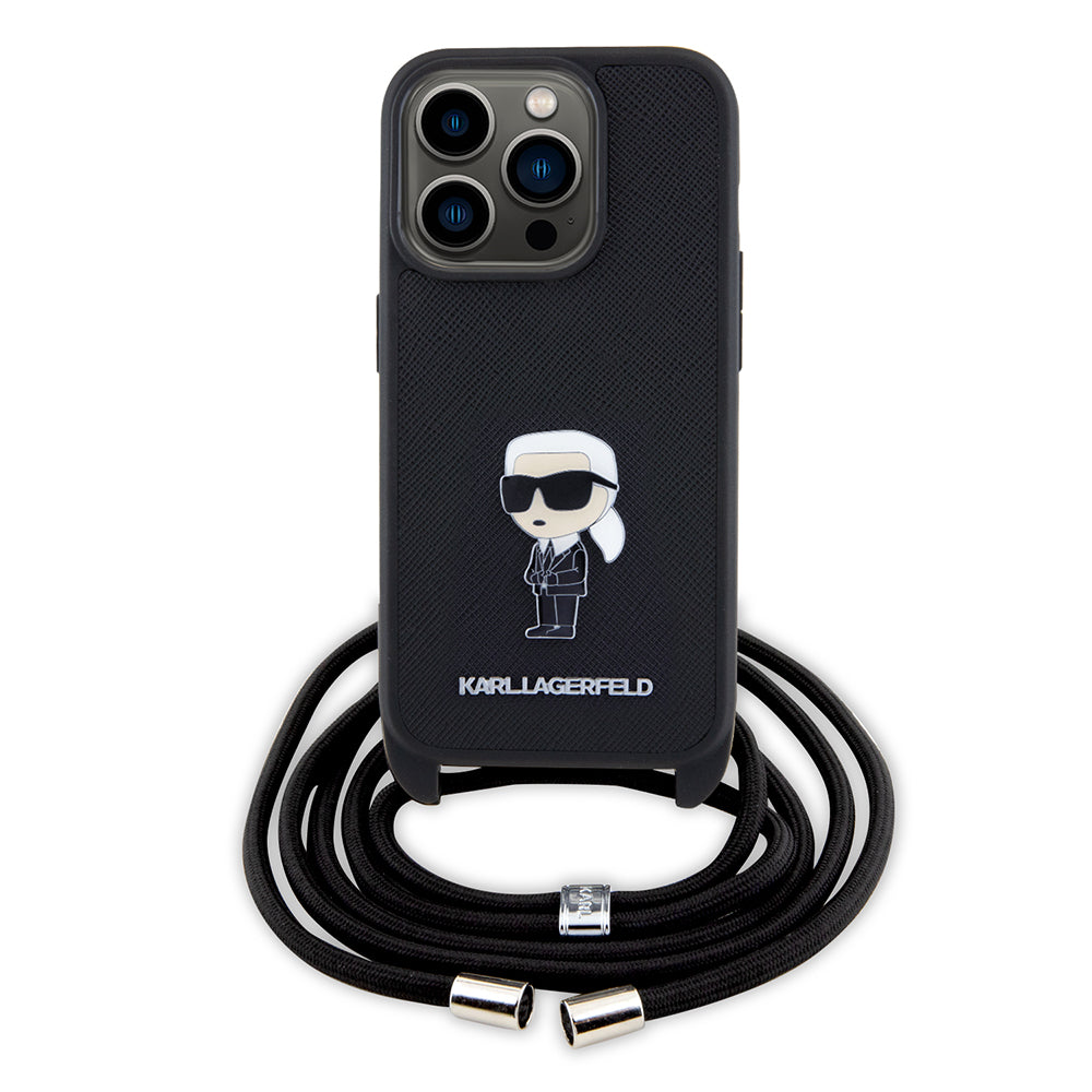 Capa para Apple iPhone 15 Pro, Karl Lagerfeld, Saffiano Crossbody Monogram Metal Pin Karl, Preta