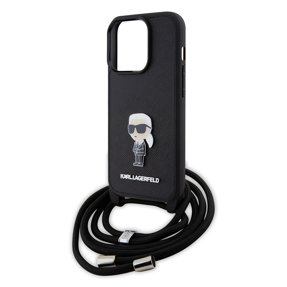 Capa para Apple iPhone 15 Pro, Karl Lagerfeld, Saffiano Crossbody Monogram Metal Pin Karl, Preta