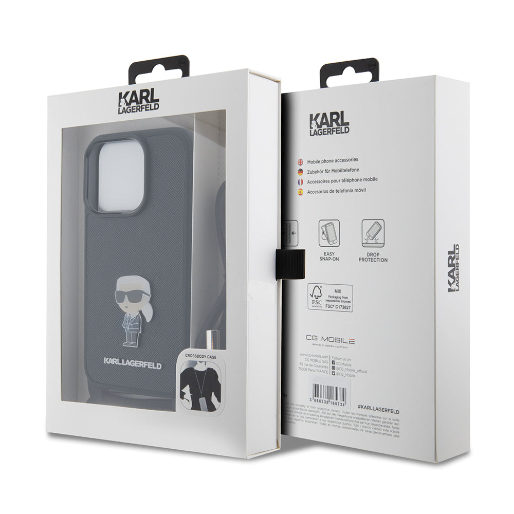Capa para Apple iPhone 15 Pro, Karl Lagerfeld, Saffiano Crossbody Monogram Metal Pin Karl, Preta