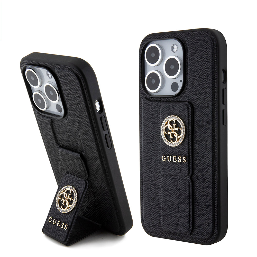 Capa para Apple iPhone 15 Pro Max, Guess, Grip Stand 4G Saffiano Strass, Preta