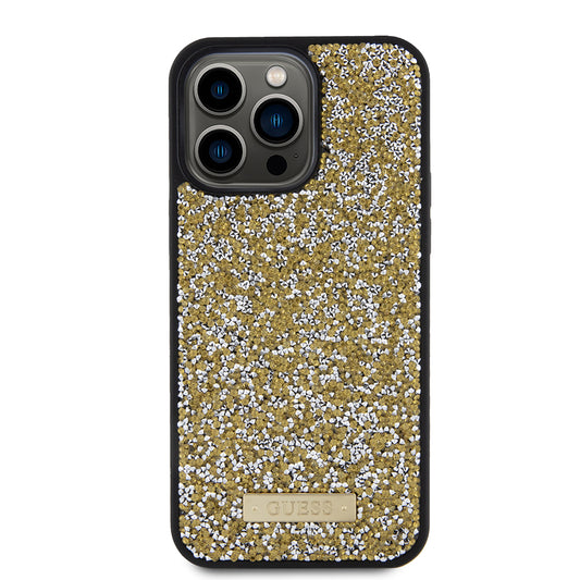 Capa para Apple iPhone 15 Pro Max, Guess, Logotipo de Metal com Strass, Amarela