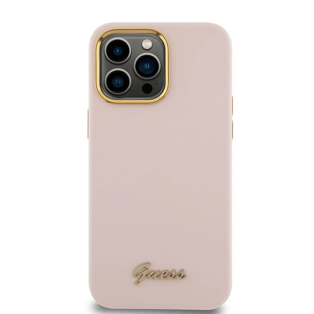 Capa para Apple iPhone 15 Pro Max, Guess, Script Metal Logo & Frame, Rosa Claro