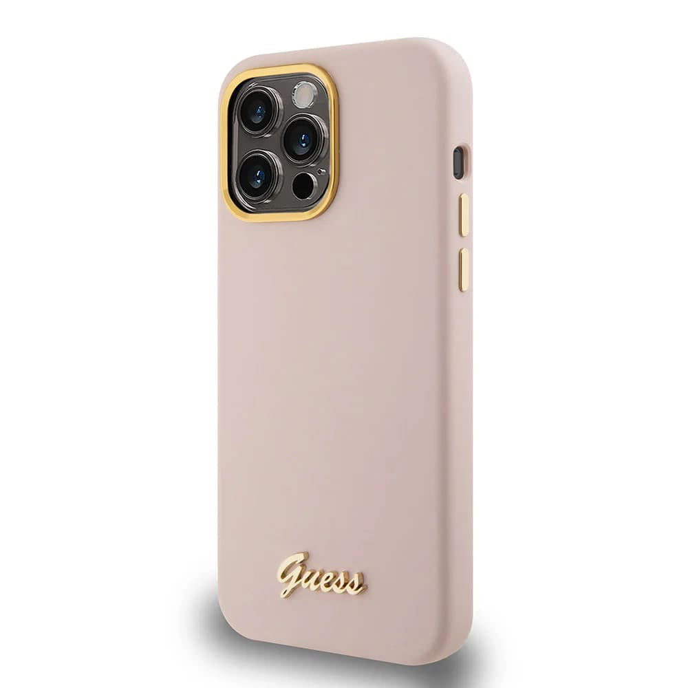 Capa para Apple iPhone 15 Pro Max, Guess, Script Metal Logo & Frame, Rosa Claro
