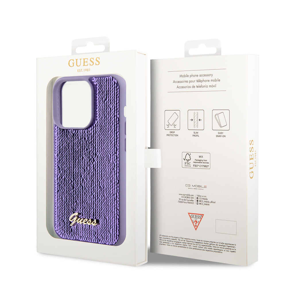 Case for Apple iPhone 15 Pro Max, Guess, Sequin Script Metal, Purple