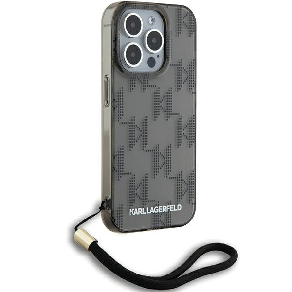 Capa para Apple iPhone 15 Pro Max, Karl Lagerfeld, IML Luxury Monogram KL Pattern with Strap, Preta