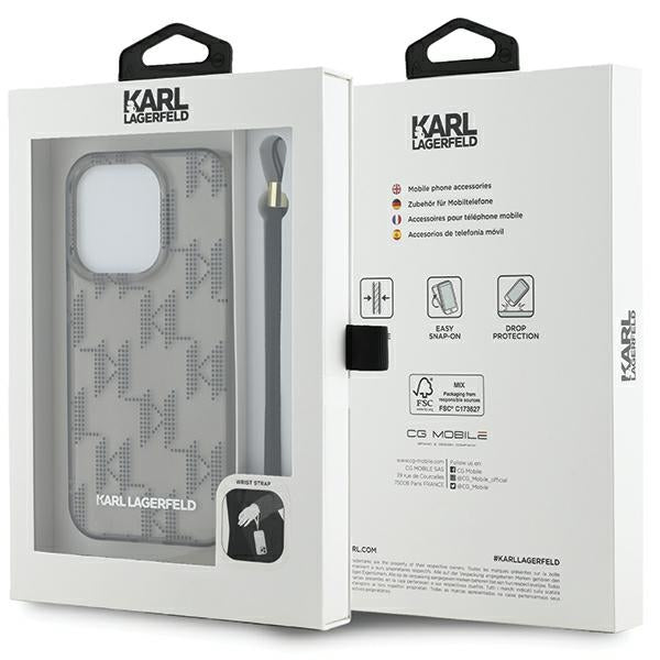 Capa para Apple iPhone 15 Pro Max, Karl Lagerfeld, IML Luxury Monogram KL Pattern with Strap, Preta