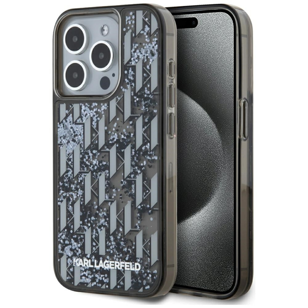 Capa para Apple iPhone 15 Pro Max, Karl Lagerfeld, Monograma de Glitter Líquido, Preta