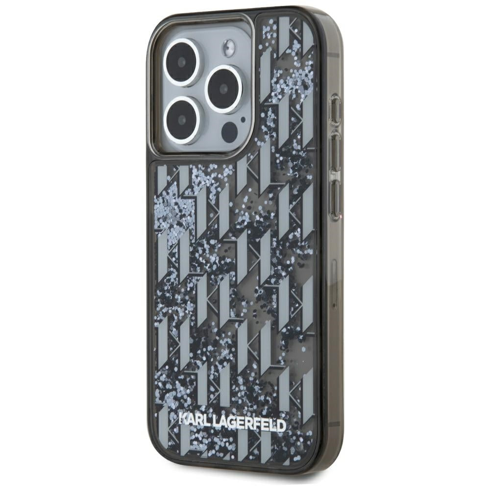 Capa para Apple iPhone 15 Pro Max, Karl Lagerfeld, Monograma de Glitter Líquido, Preta