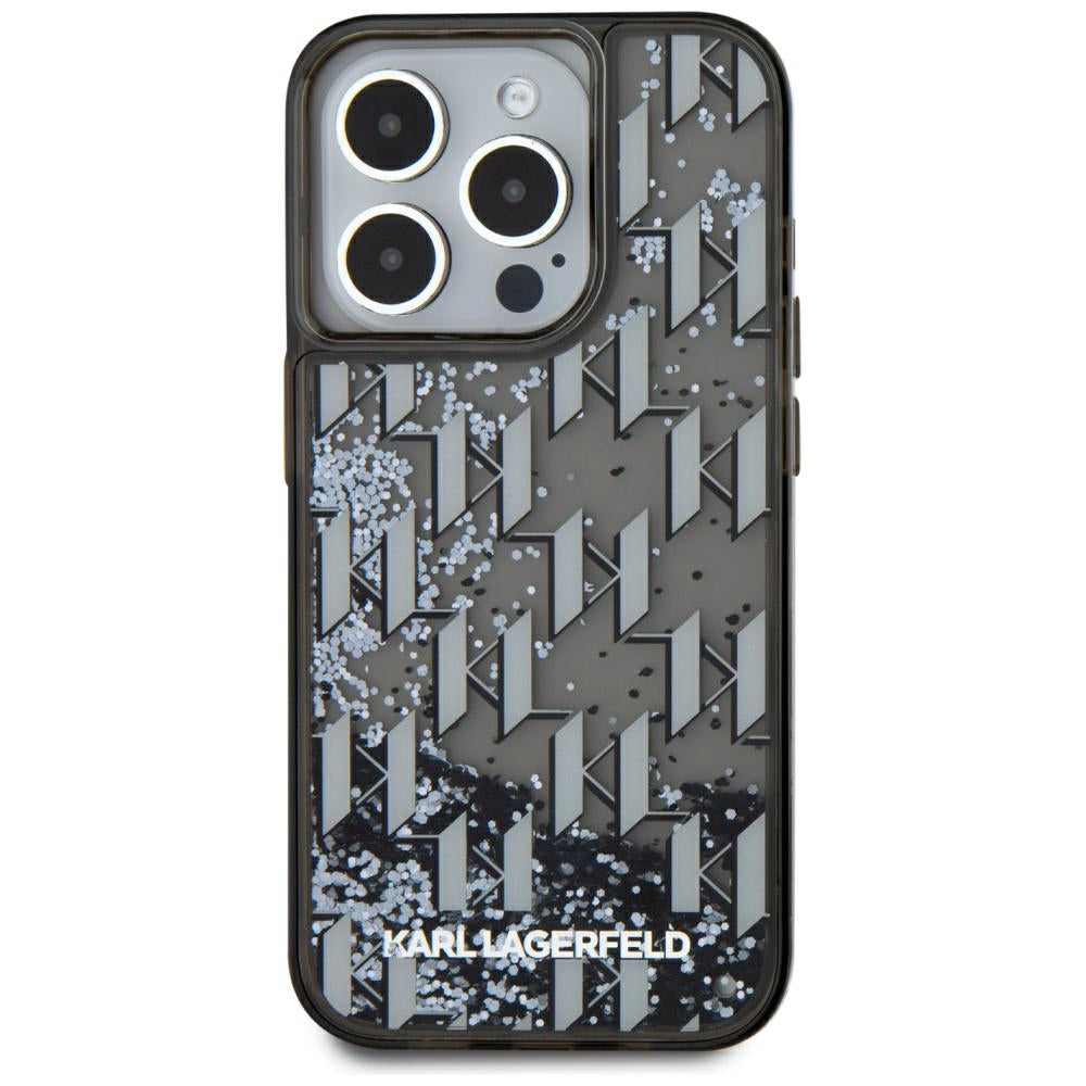 Capa para Apple iPhone 15 Pro Max, Karl Lagerfeld, Monograma de Glitter Líquido, Preta