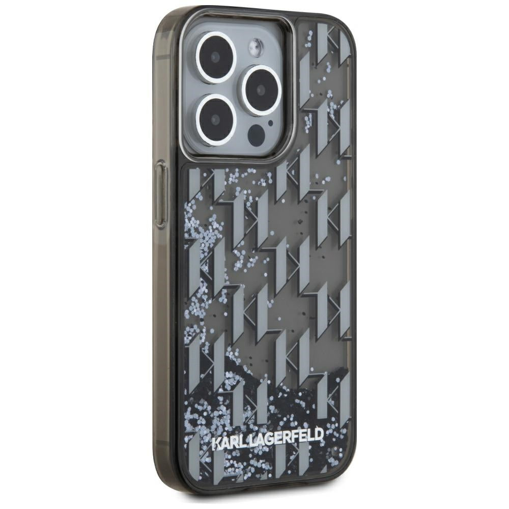 Capa para Apple iPhone 15 Pro Max, Karl Lagerfeld, Monograma de Glitter Líquido, Preta