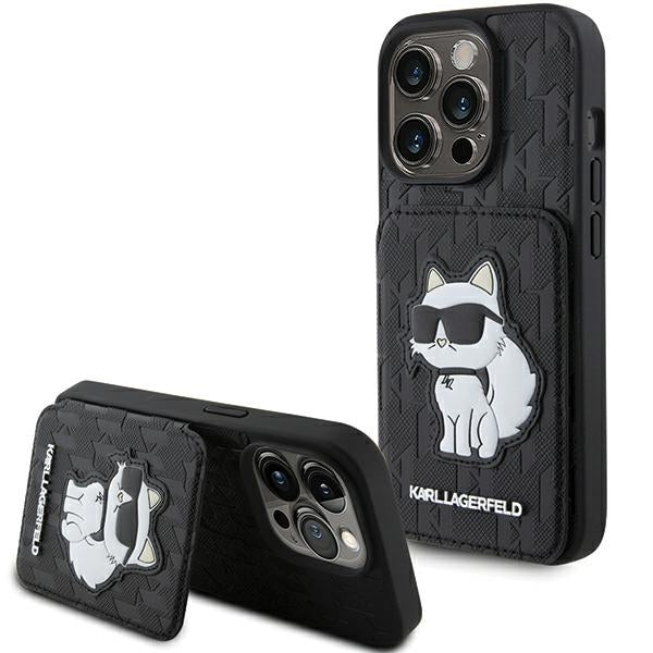 Capa para Apple iPhone 15 Pro Max, Karl Lagerfeld, Saffiano com Slots para Cartões e Suporte Monograma Choupette, Preta.