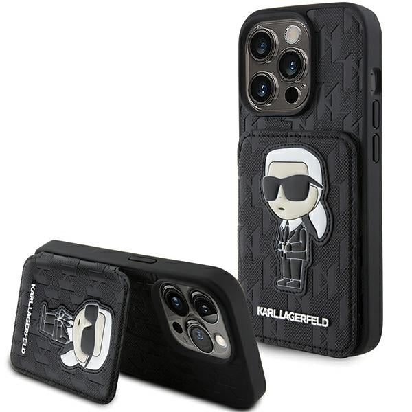 Capa para Apple iPhone 15 Pro Max, Karl Lagerfeld, Saffiano com Slots para Cartões e Suporte Monograma Ikonik Karl, Preta.