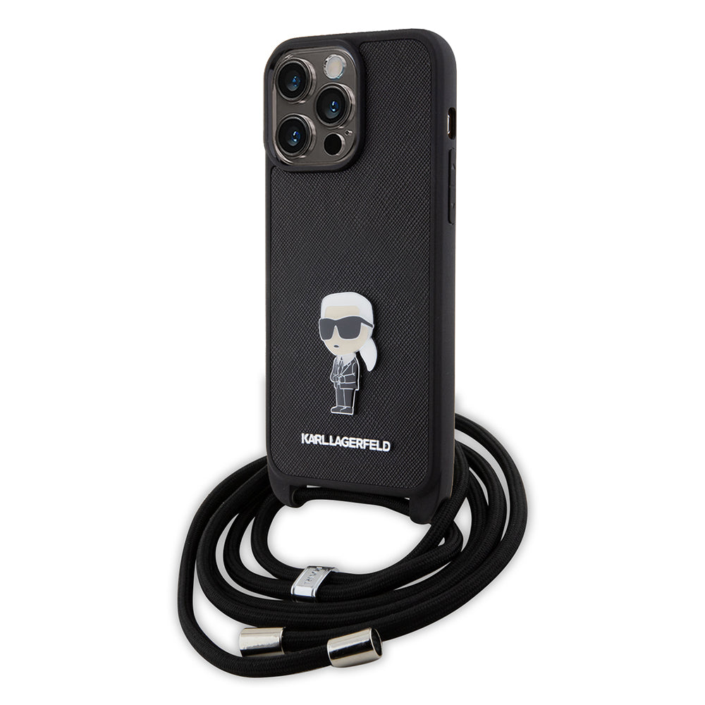 Capa para Apple iPhone 15 Pro Max, Karl Lagerfeld, Saffiano Crossbody Monogram Metal Pin Karl, Preta