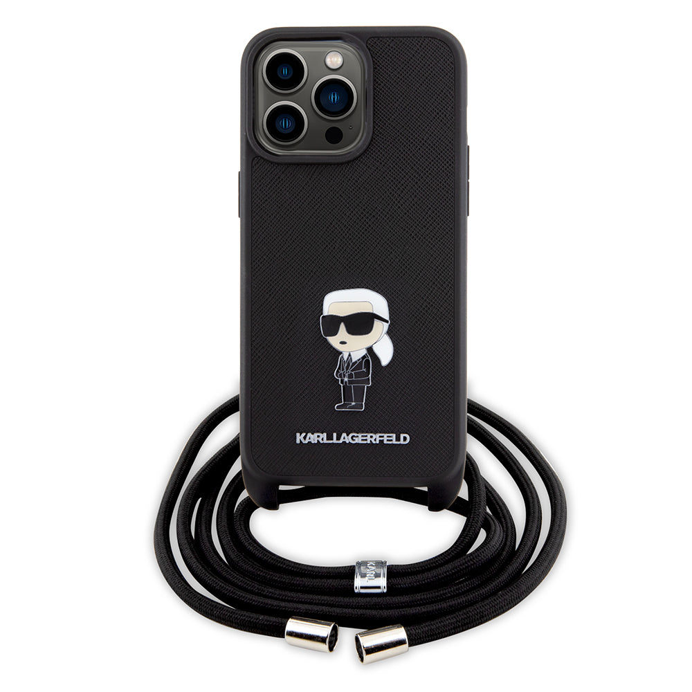 Capa para Apple iPhone 15 Pro Max, Karl Lagerfeld, Saffiano Crossbody Monogram Metal Pin Karl, Preta