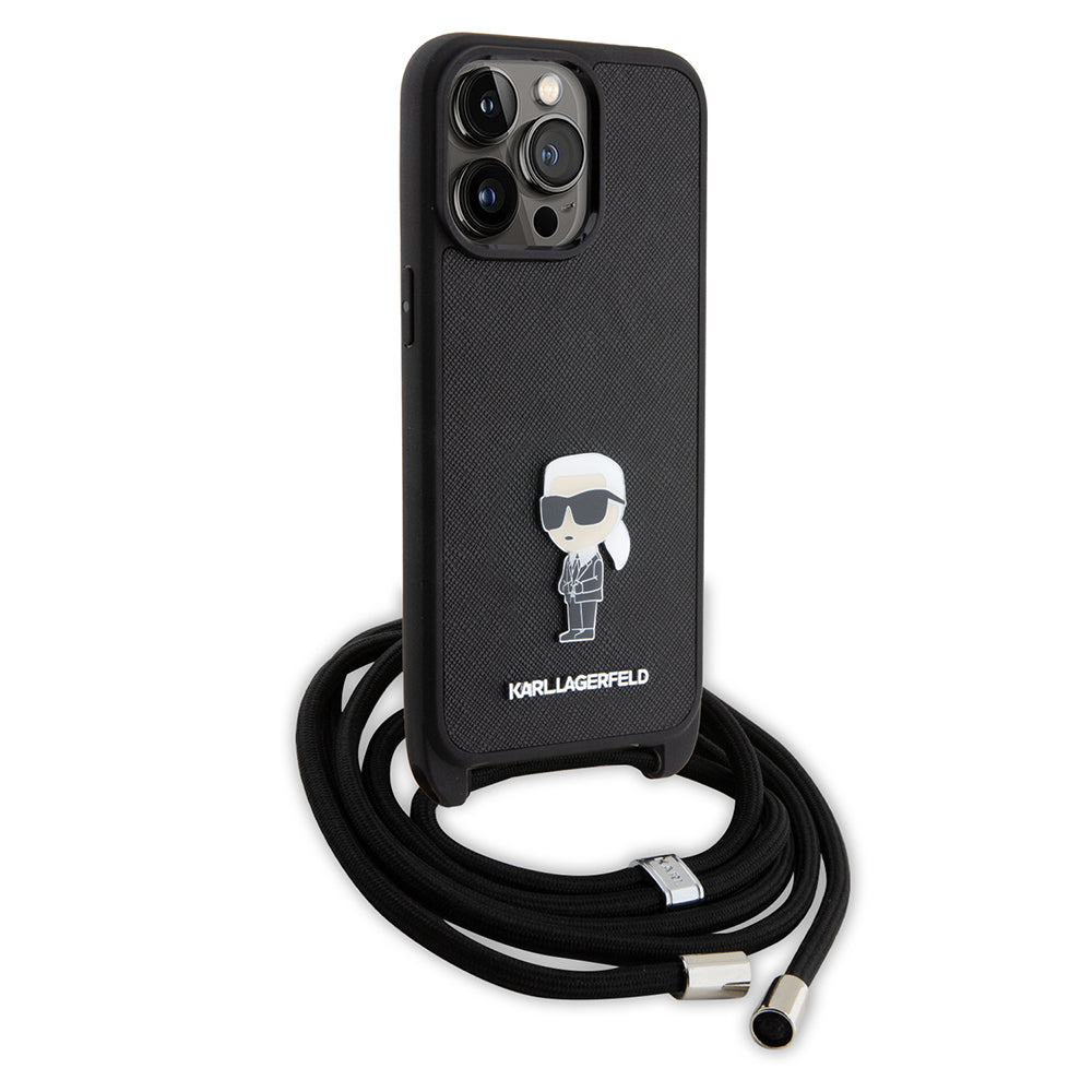 Capa para Apple iPhone 15 Pro Max, Karl Lagerfeld, Saffiano Crossbody Monogram Metal Pin Karl, Preta