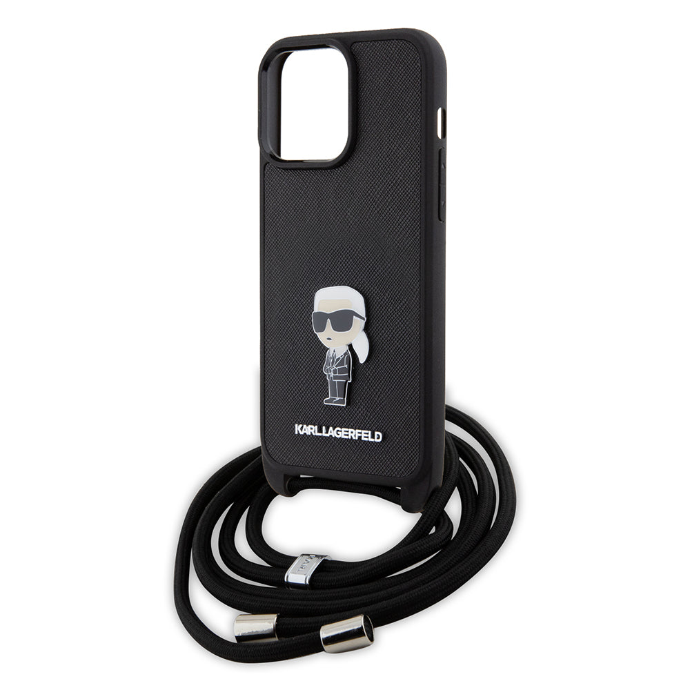 Capa para Apple iPhone 15 Pro Max, Karl Lagerfeld, Saffiano Crossbody Monogram Metal Pin Karl, Preta