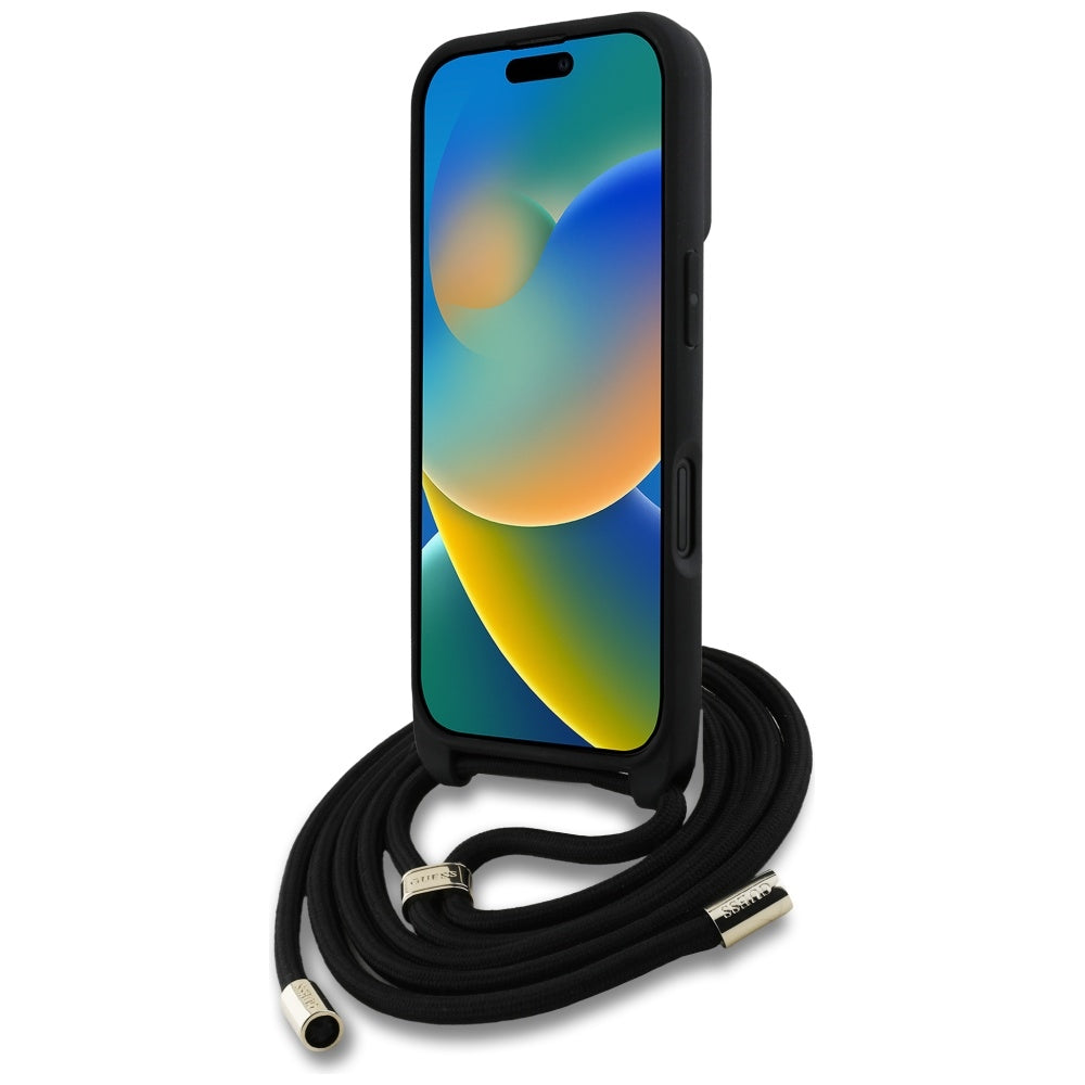 Capa para Apple iPhone 16, Guess, 4G CBDY Big Logo com Alça de Cordão, Preta