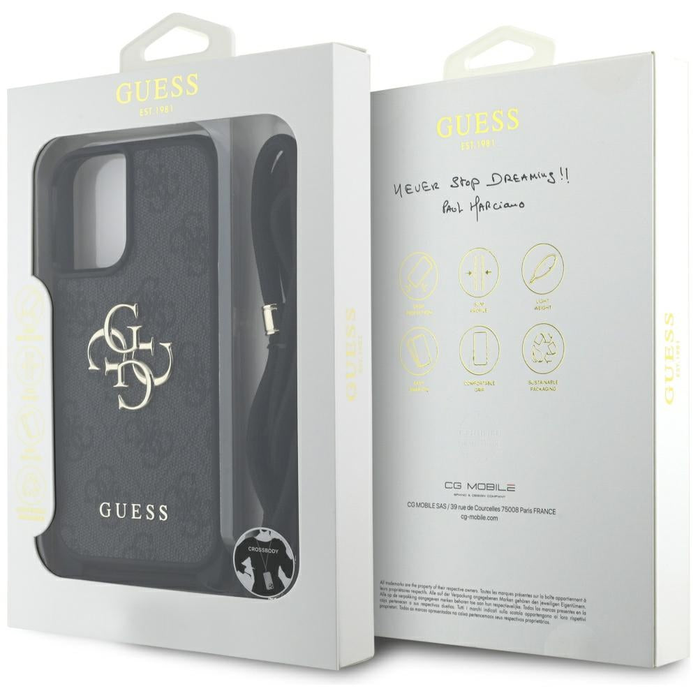 Capa para Apple iPhone 16, Guess, 4G CBDY Big Logo com Alça de Cordão, Preta
