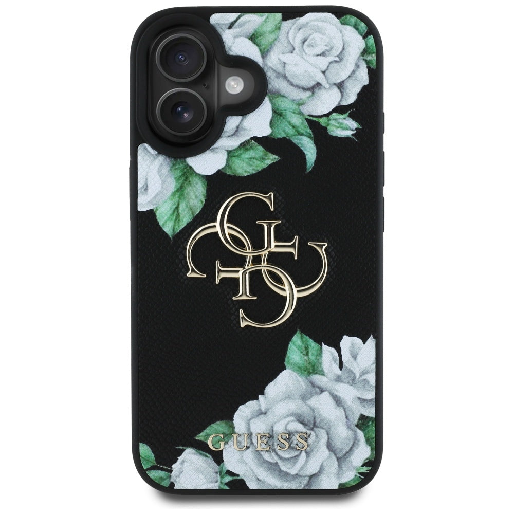 Capa para Apple iPhone 16, Guess, 4G Grained Roses Big Logo, Preta