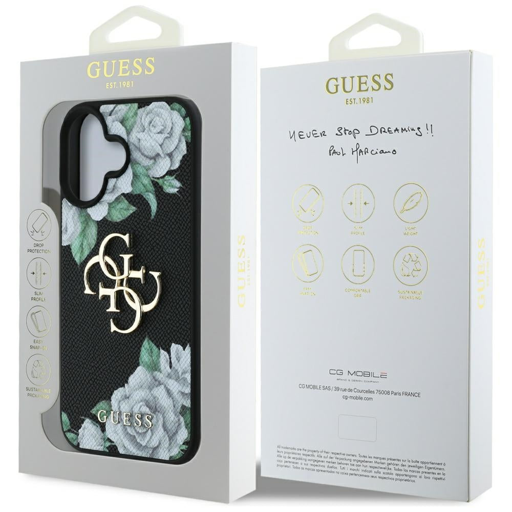 Capa para Apple iPhone 16, Guess, 4G Grained Roses Big Logo, Preta