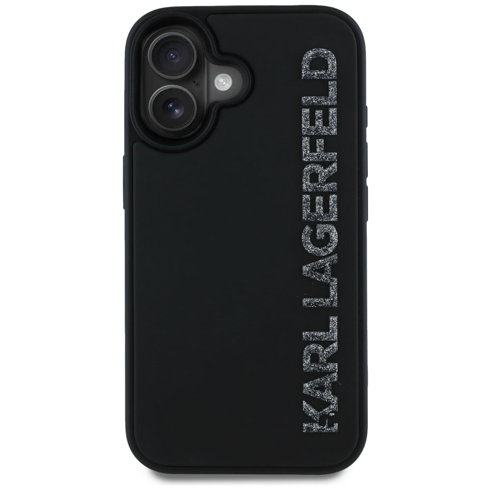 Case for Apple iPhone 16, Karl Lagerfeld, 3D Rubber Elongated Glitter Logo, Black