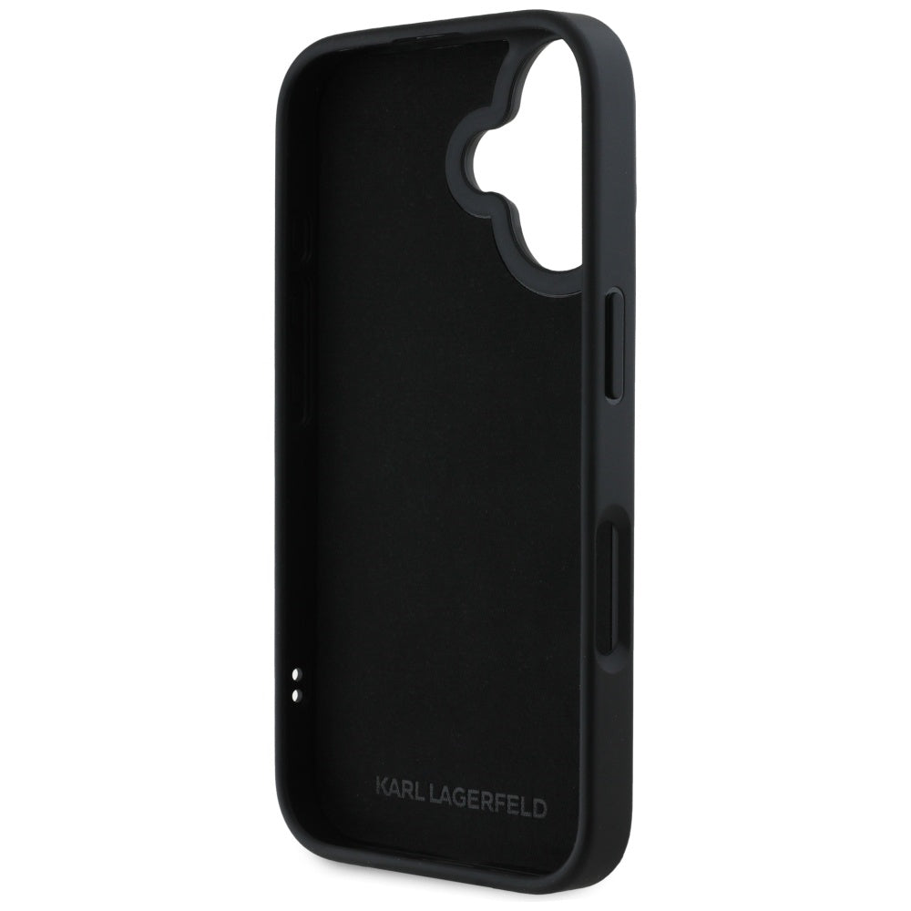 Case for Apple iPhone 16, Karl Lagerfeld, 3D Rubber Elongated Glitter Logo, Black